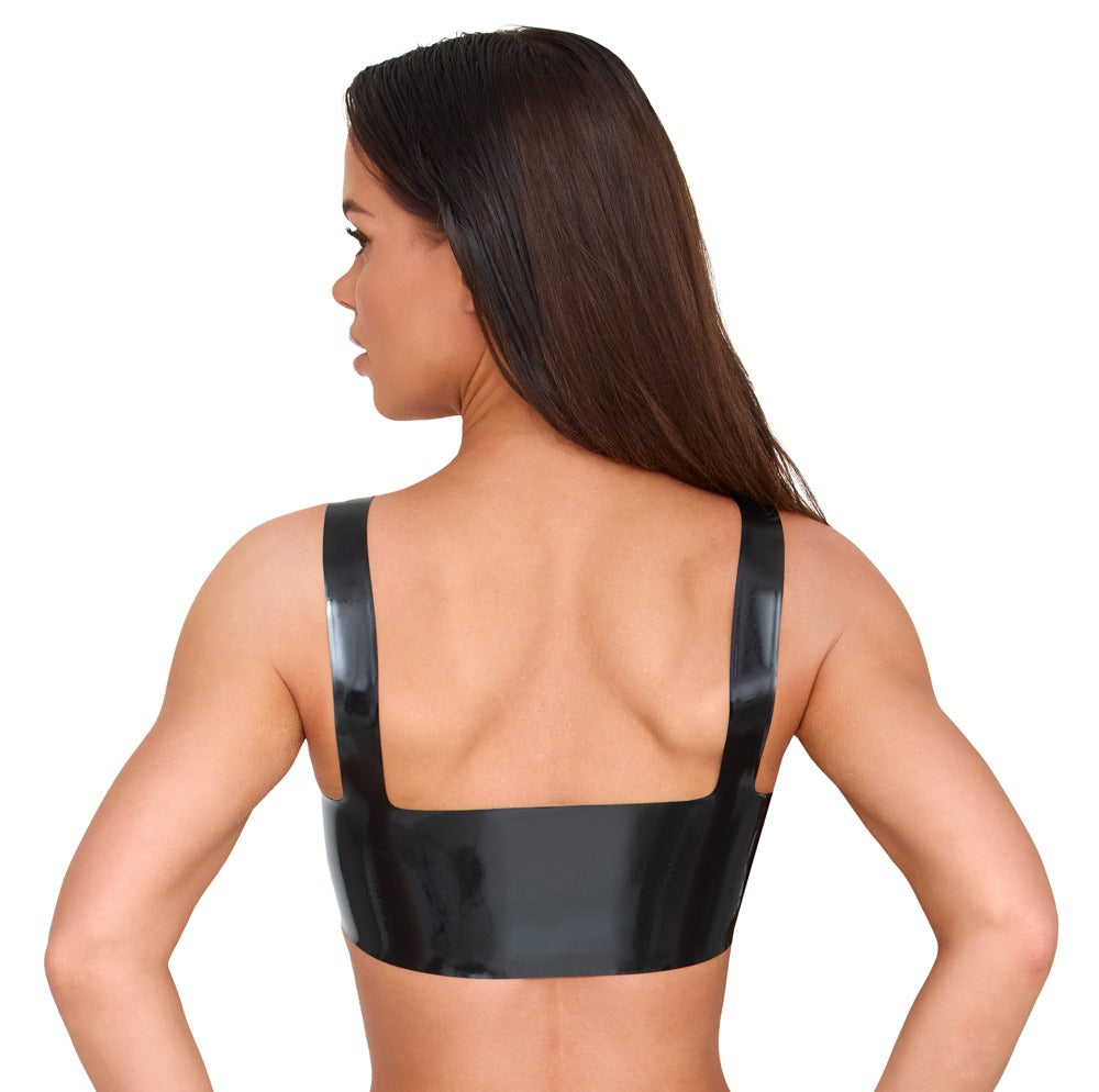 Model trägt das schwarze Late X Latex-BH-Top mit breiten Trägern und bauchfreiem Rückenschnitt von hinten