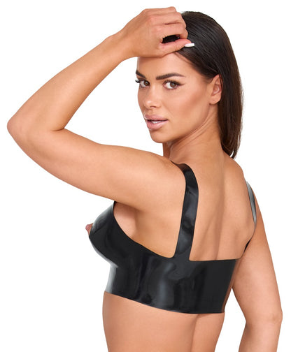 Model trägt das nippelfreie Late X Latex-BH-Top in seitlicher Ansicht mit sichtbarem Open-Cup-Schnitt