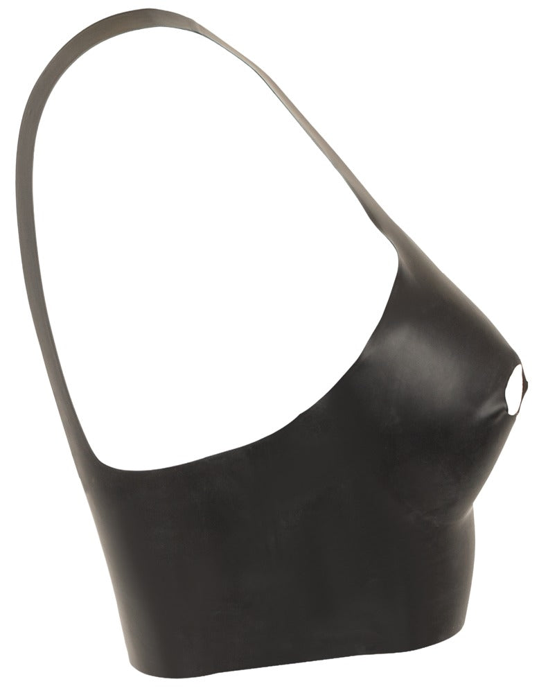 Seitliche Produktansicht des schwarzen Late X Latex-BH-Tops mit Open-Cup-Ausschnitten und bauchfreiem Schnitt