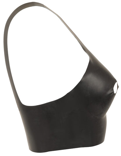 Seitliche Produktansicht des schwarzen Late X Latex-BH-Tops mit Open-Cup-Ausschnitten und bauchfreiem Schnitt