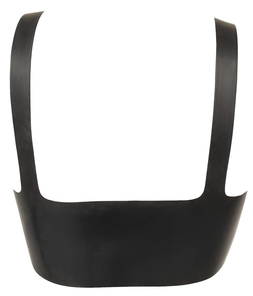 Rückansicht des schwarzen Late X Latex-BH-Tops mit breiten Schulterträgern und körpernahem Schnitt