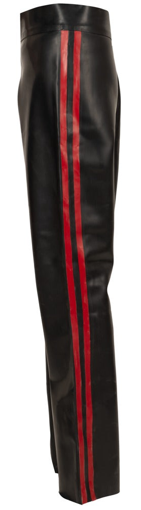 Seitliche Produktansicht der schwarzen Late X Latex-Hose mit rotem Racing-Seitenstreifen und ausgestelltem Bein