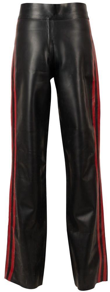 Rückansicht der schwarz-roten Late X Latex-Hose für Herren mit körpernahem Sitz und Bootcut-Bein