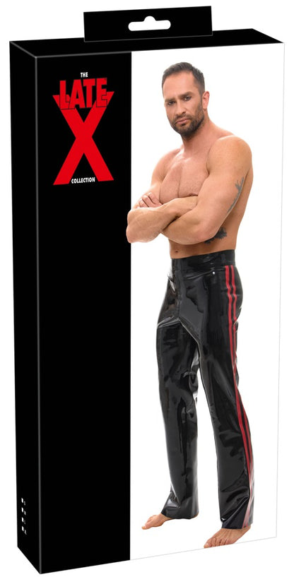 Verpackung der Late X Latex-Hose für Herren im schwarz-roten Bootcut- und Racing-Look