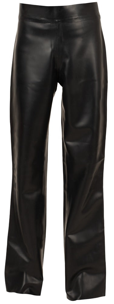 Schwarze Late X Latex-Hose für Herren im Bootcut-Style mit roten Seitenstreifen von vorn