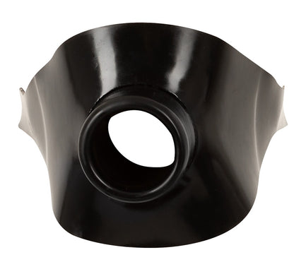 Schwarze Late X Latex-Knebelmaske mit durchgängig offenem Mundrohr in frontaler Produktansicht