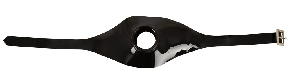 Komplette Produktansicht der schwarzen Late X Latex-Knebelmaske mit offenem Mundstück und langem Kopfriemen