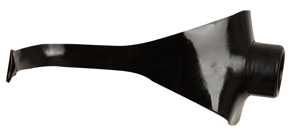 Seitliche Produktansicht der Late X Latex-Knebelmaske mit integriertem offenem Mundrohr und Kopfriemen