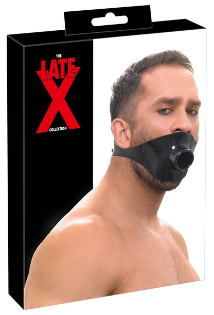 Verpackung der Late X Latex-Knebelmaske mit integriertem offenem Mundrohr