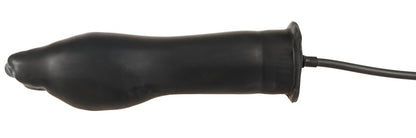 Late X Pumpdildo in schwarzer Handform aus Latex aus einer weiteren seitlichen Perspektive
