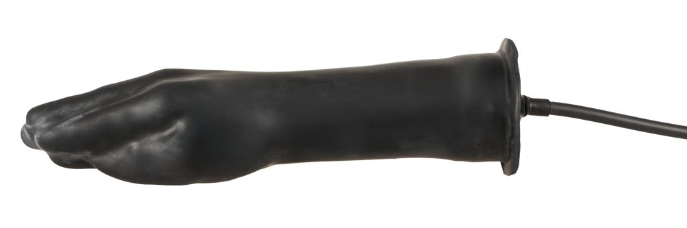 Schwarzer Late X Pumpdildo in Handform aus flexiblem Latex in seitlicher Produktansicht