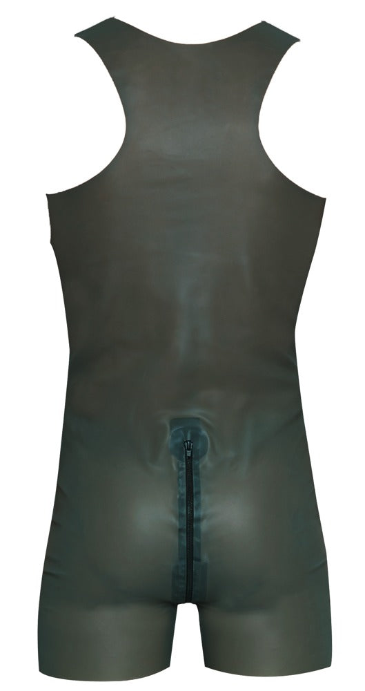 Rückansicht des rauchgrauen Late X Smoke Latex-Bodys für Herren mit kurzem Bein und Reißverschluss über dem Po