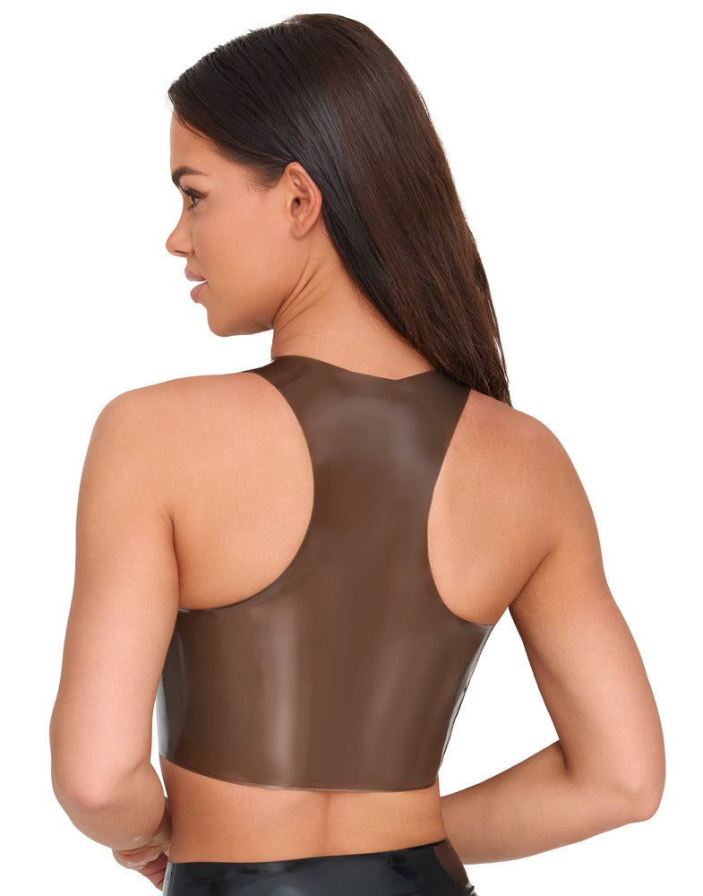 Model trägt das Late X Smoke Latex-Top von hinten mit Racerback, freien Schultern und semi-transparenter Latex-Oberfläche