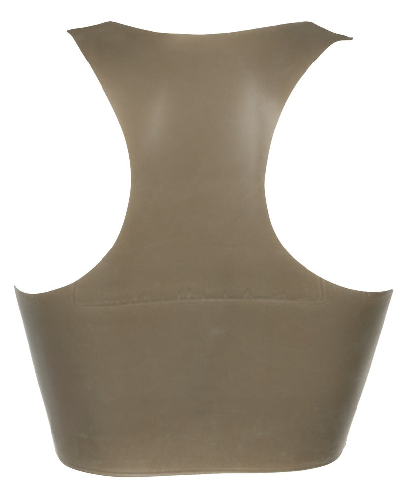 Rückansicht des rauchgrauen Late X Smoke Latex-Tops mit markantem Racerback und bauchfreiem Schnitt
