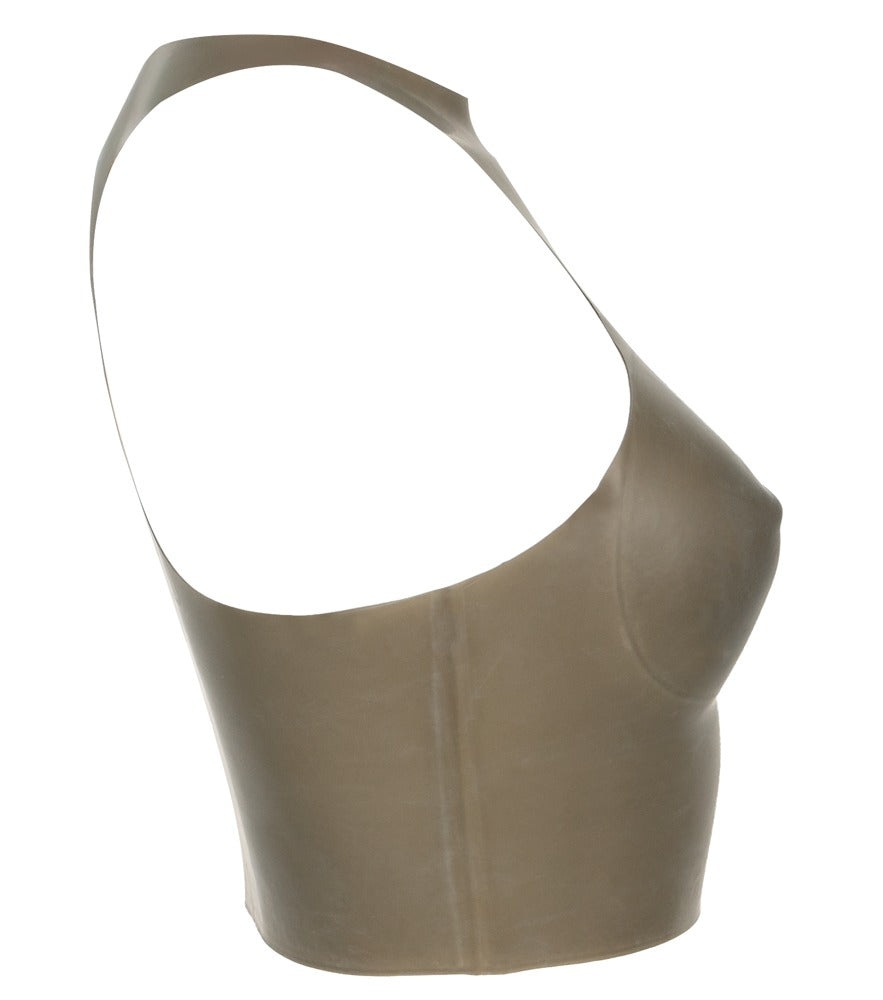 Seitliche Produktansicht des Late X Smoke Latex-Tops mit hautengem Crop-Schnitt und freier Schulterpartie