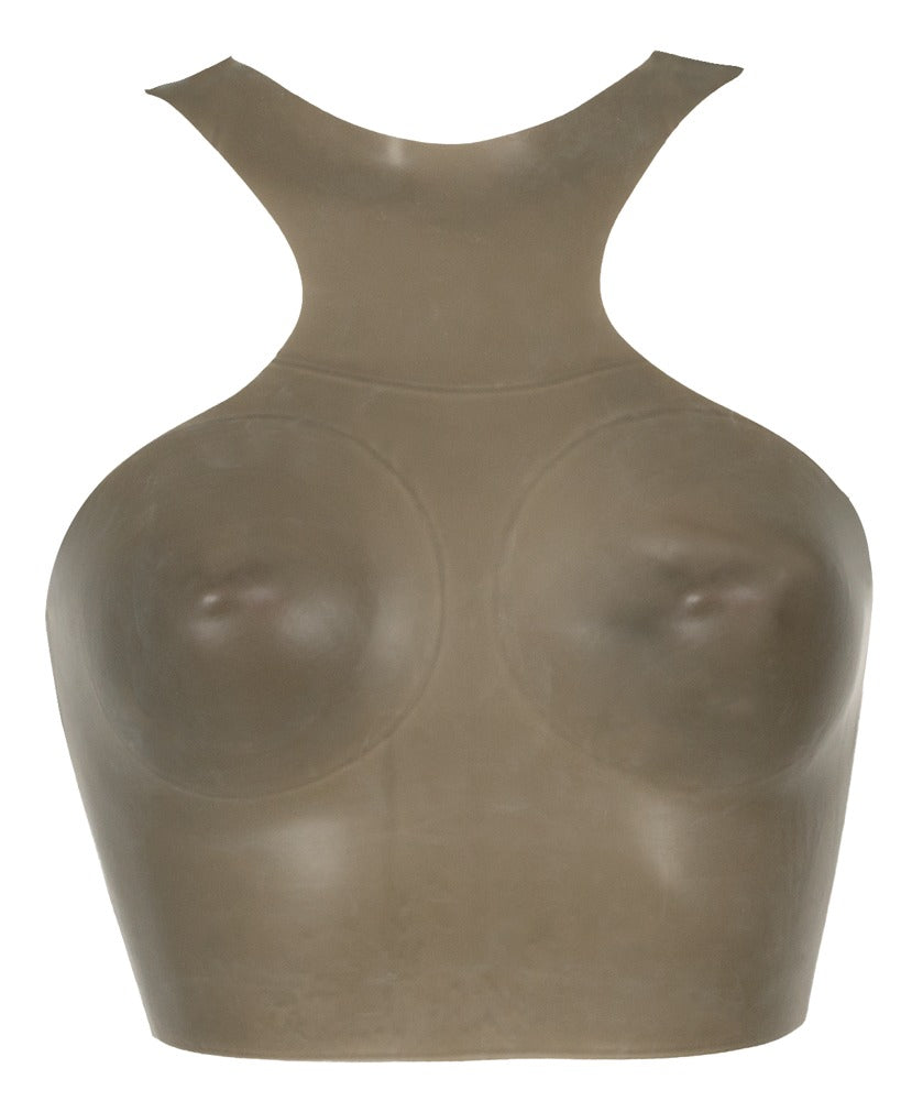 Late X Smoke Latex-Top in rauchgrauer Semi-Transparenz mit High Neck und bauchfreiem Schnitt von vorn