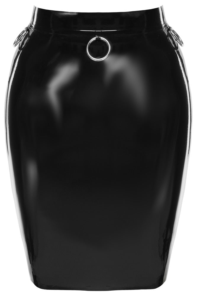 Vorderansicht des knielangen schwarzen LateX Latex-Bleistiftrocks mit drei Metallringen