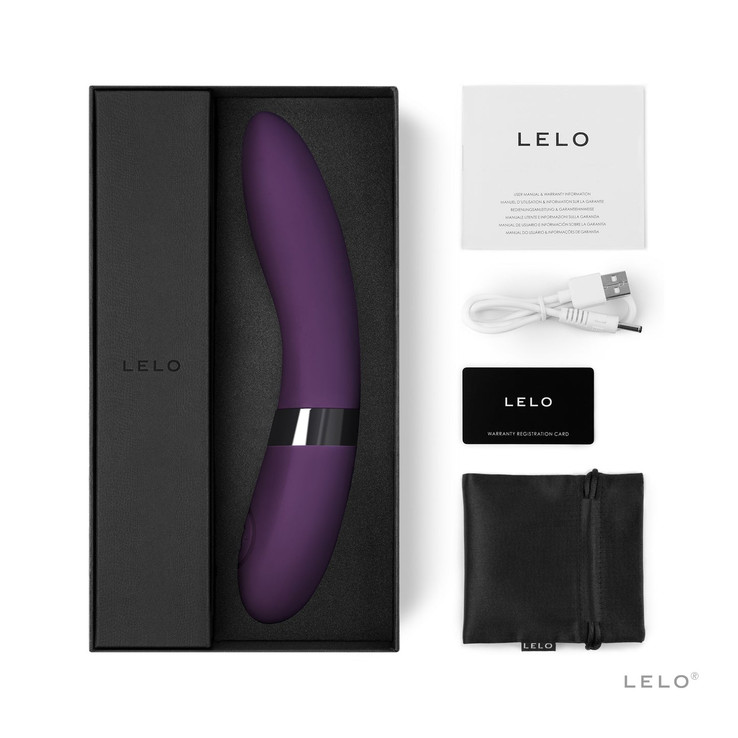 LELO Elise 2 Vibrator Set mit Zubehör und Verpackungsinhalt in Violett