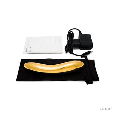 Lieferumfang des LELO INEZ 24 Karat Gold Vibrators mit Zubehör und Aufbewahrungsbeutel