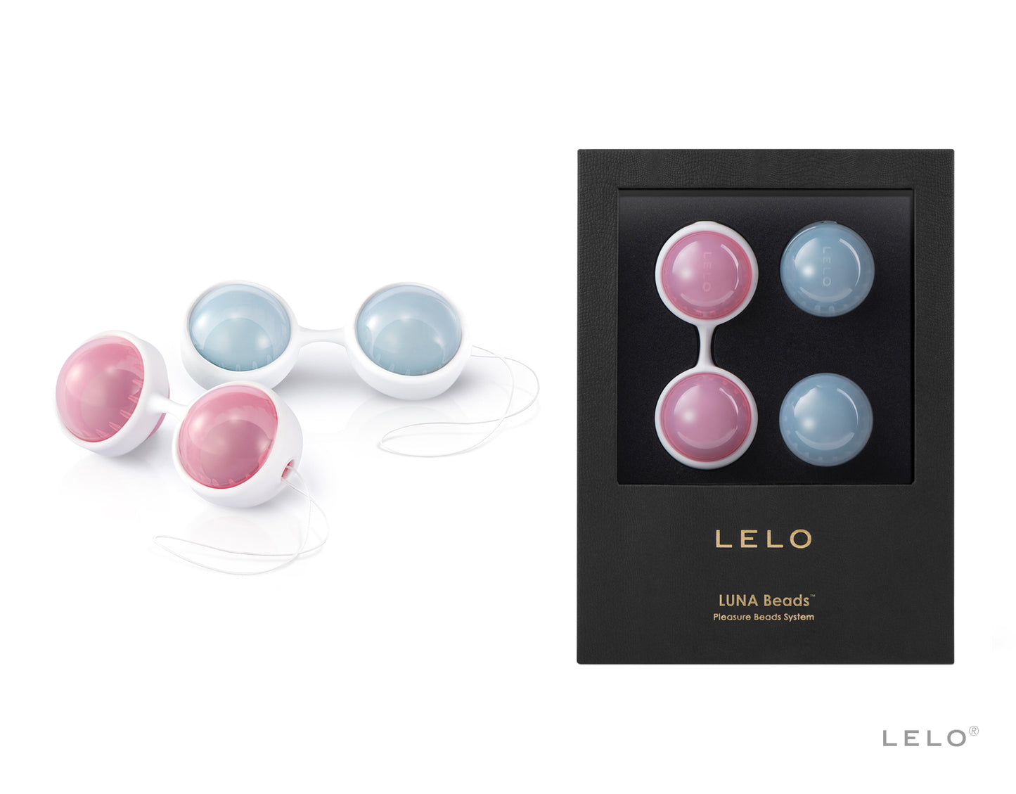 LELO Luna Beads Liebeskugeln Set in Pink und Blau in eleganter Übersicht