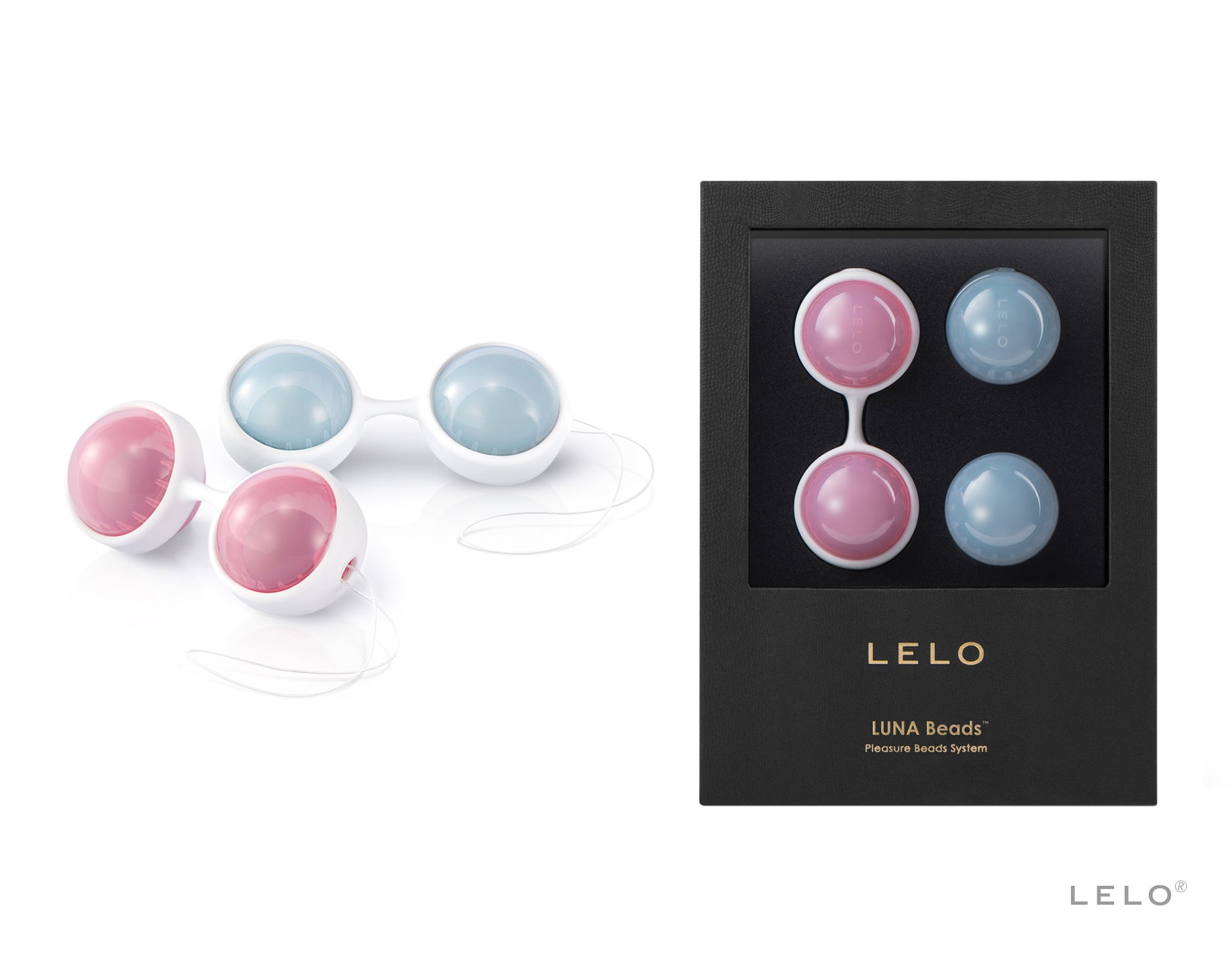 LELO Luna Beads Liebeskugeln Set in Pink und Blau in eleganter Übersicht