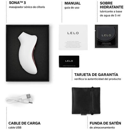 LELO SONA 3 Verpackung mit Zubehör und Produktübersicht