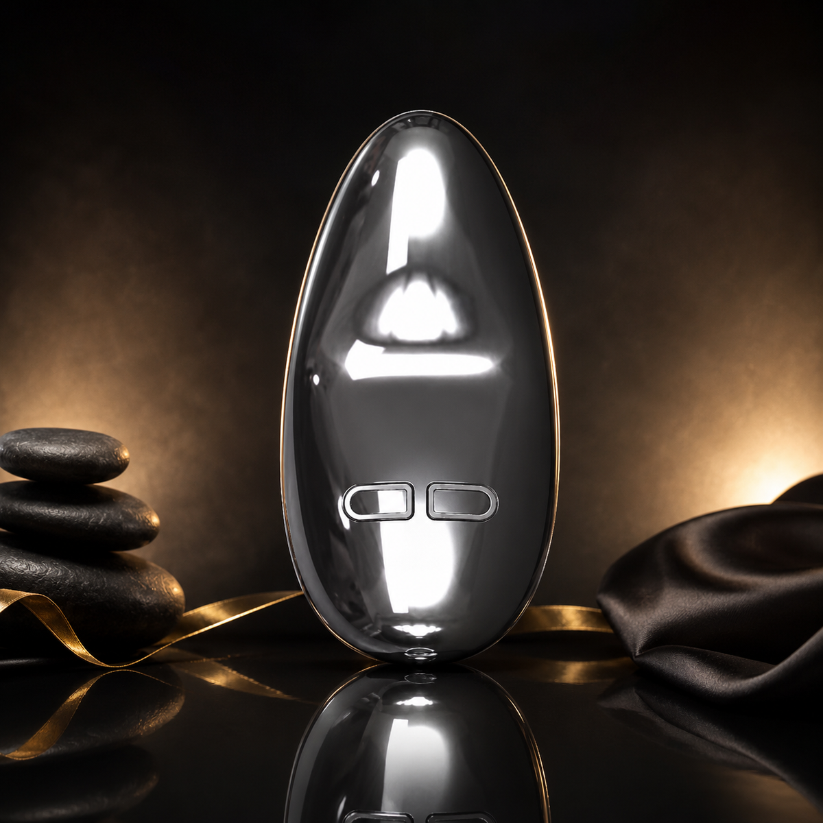 LELO YVA Edelstahlvibrator in glänzender Frontansicht auf schwarzer Luxus-Studiofläche mit goldener Lichtstimmung