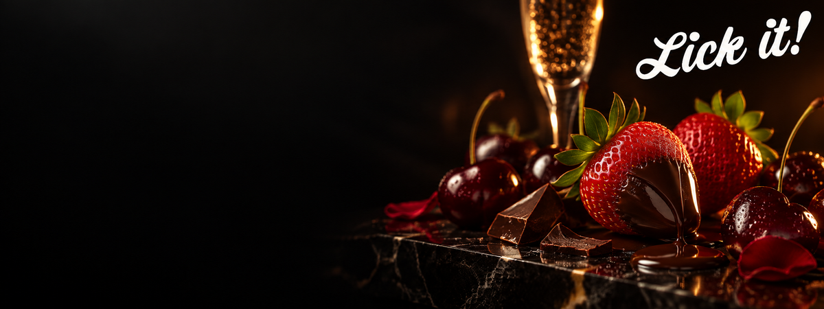 Lick it! Markenwelt mit Erdbeeren, Kirschen, dunkler Schokolade und warmen Champagnerreflexen auf schwarzem Marmor