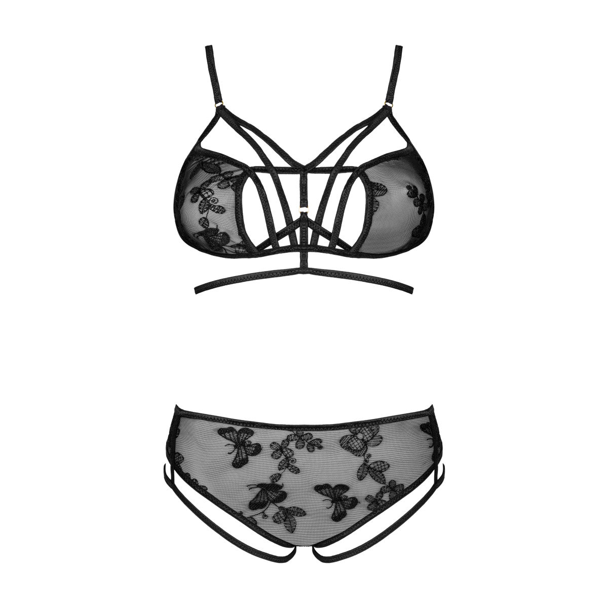 LivCo Corsetti Fashion Eliana schwarzes Dessous-Set in Vorderansicht mit transparentem Tüll-BH, dekorativen Riemchen und passendem Slip