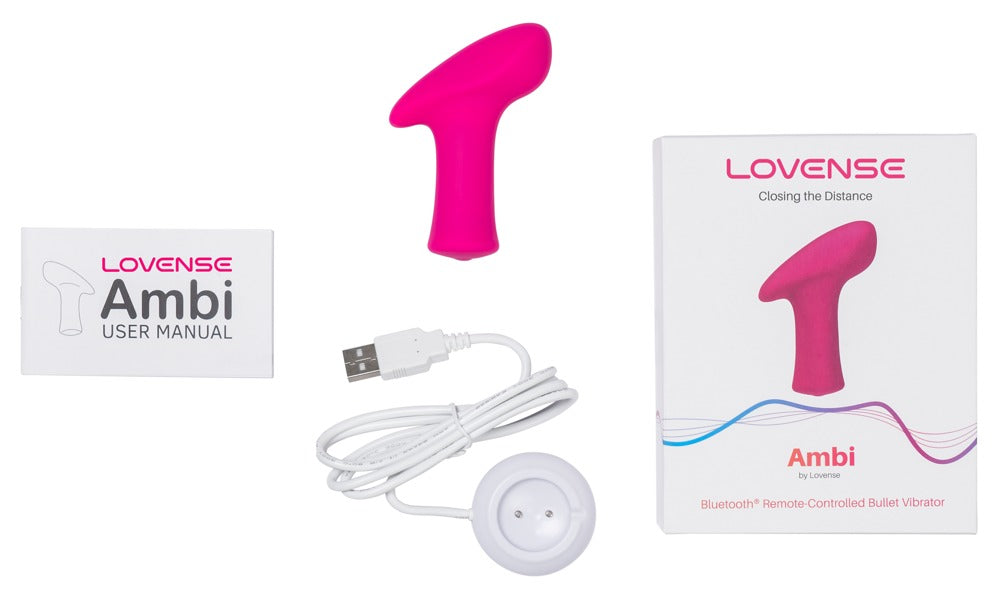 Lieferumfang des Lovense Ambi mit USB-Ladestation und Verpackung