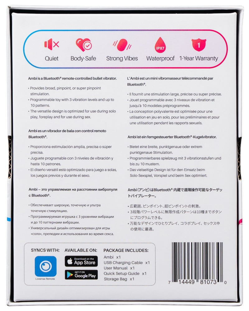 Rückseite der Lovense Ambi Verpackung mit Produktinformationen