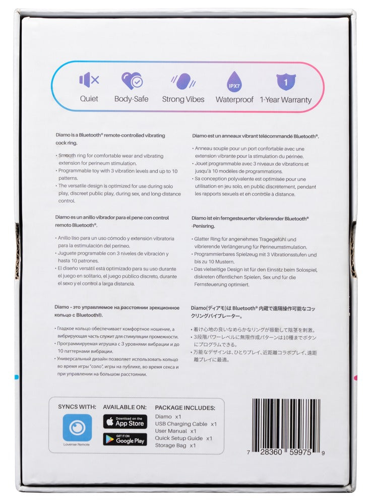 Rückseite der Produktverpackung des Lovense Diamo mit Produktinformationen