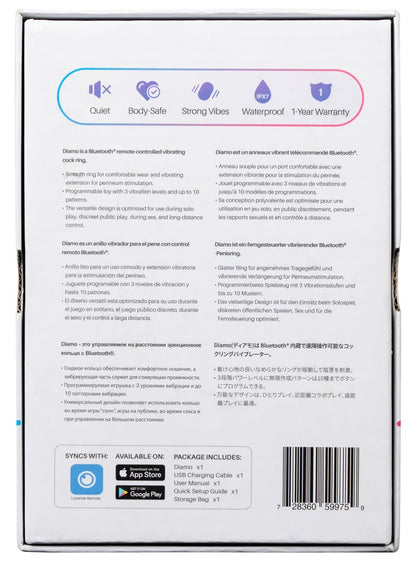Rückseite der Produktverpackung des Lovense Diamo mit Produktinformationen
