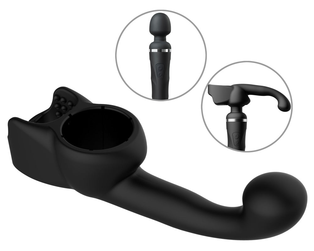 Lovense Domi Male Attachment mit Darstellung der Kompatibilität und Anwendung auf dem Lovense Domi Massager.