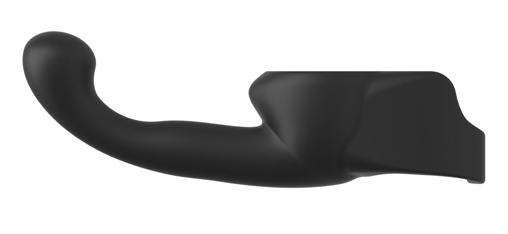 Seitenansicht des Lovense Domi Male Attachment mit gebogenem Prostata-Aufsatz aus schwarzem Silikon.