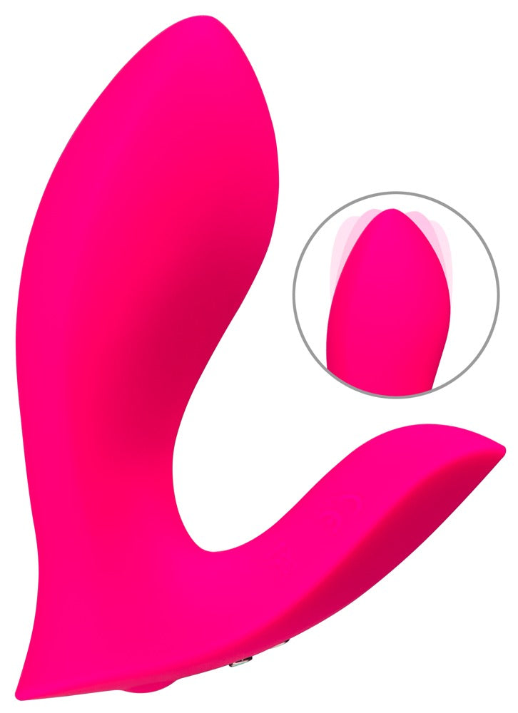 Schrägansicht des Lovense Flexer Panty-Vibrators aus pinkem Silikon