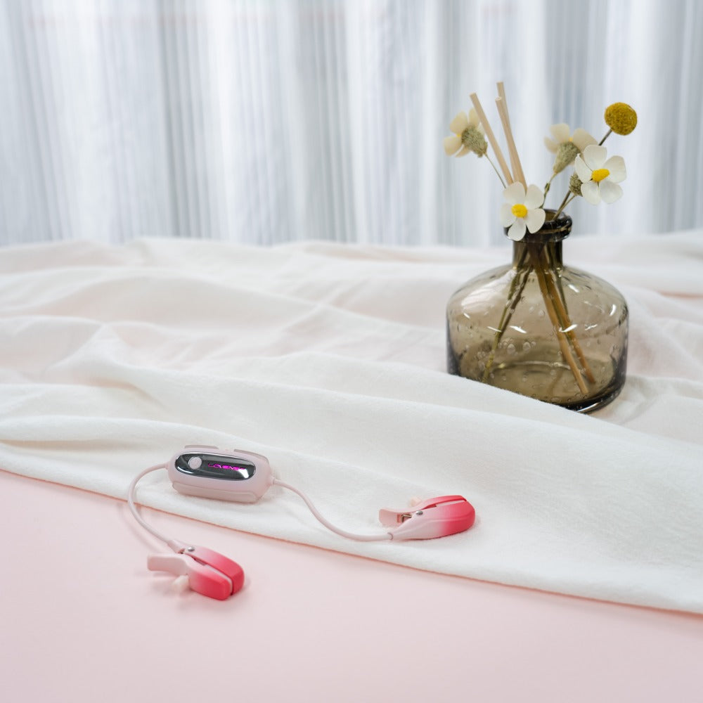 Lovense Gemini Produktarrangement mit Nippelklemmen, Zubehör und hochwertiger Präsentation