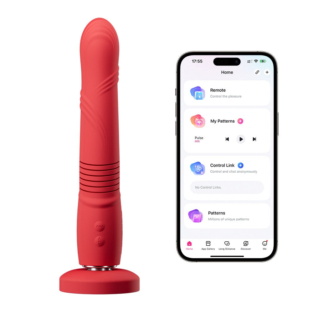 Lovense Gravity Stoßvibrator in Rot mit App-Steuerung und Produktansicht