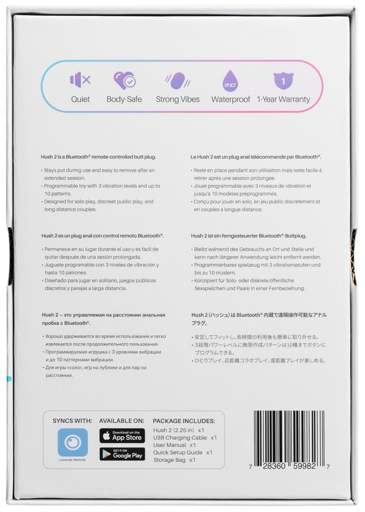 Rückseite der Verpackung des Lovense Hush 2 XS mit Produktinformationen