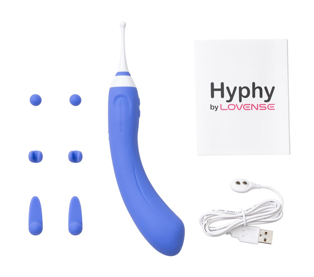 Komplettset des Lovense Hyphy mit drei Aufsätzen und USB-Ladekabel