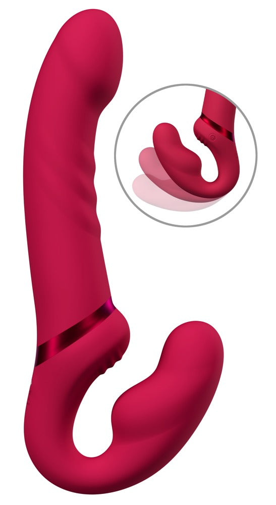 Schrägansicht des Lovense Lapis Strap-on Vibrators aus pinkem Silikon