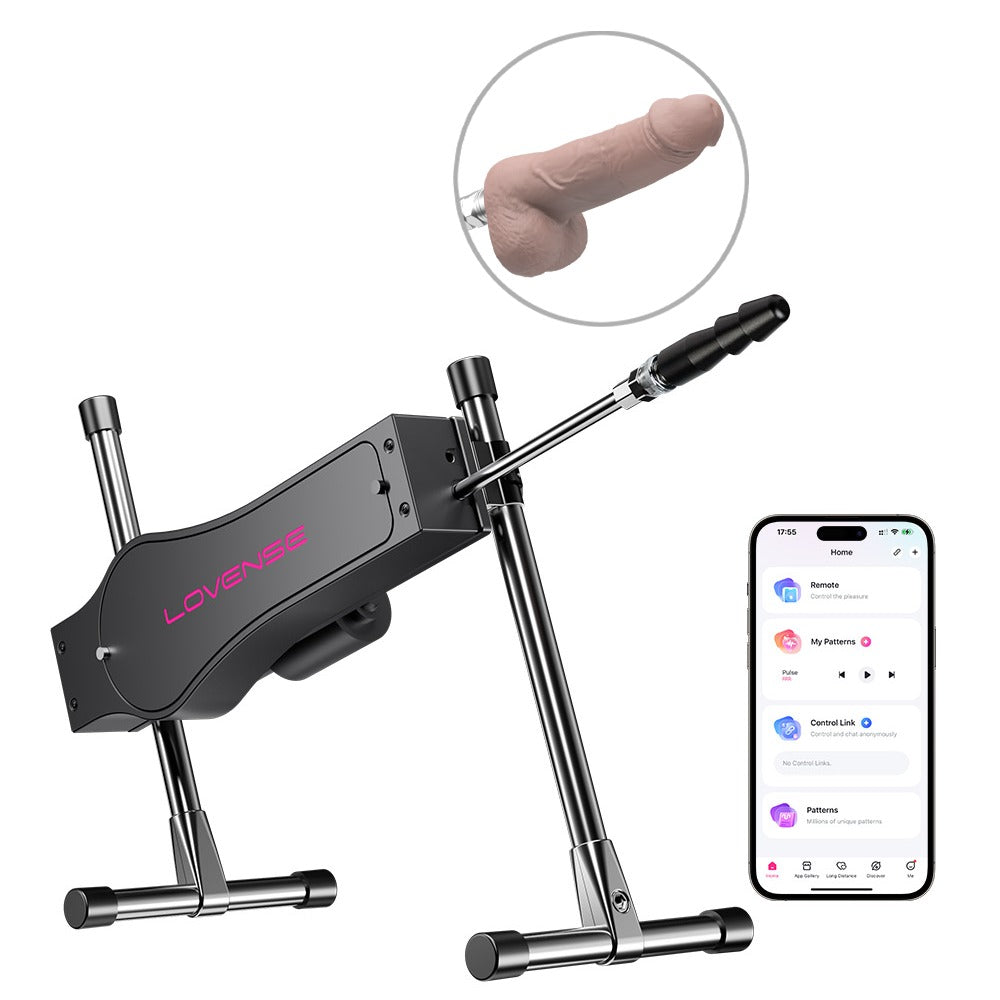 Lovense Sex Machine mit App-Steuerung und zwei Silikon-Dildos in der Gesamtansicht
