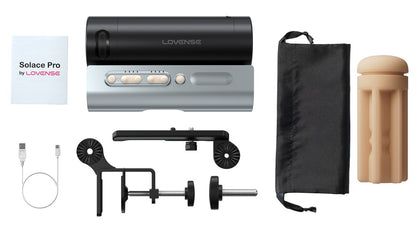 Lieferumfang des Lovense Solace Pro mit Halterung, Sleeve und Zubehör