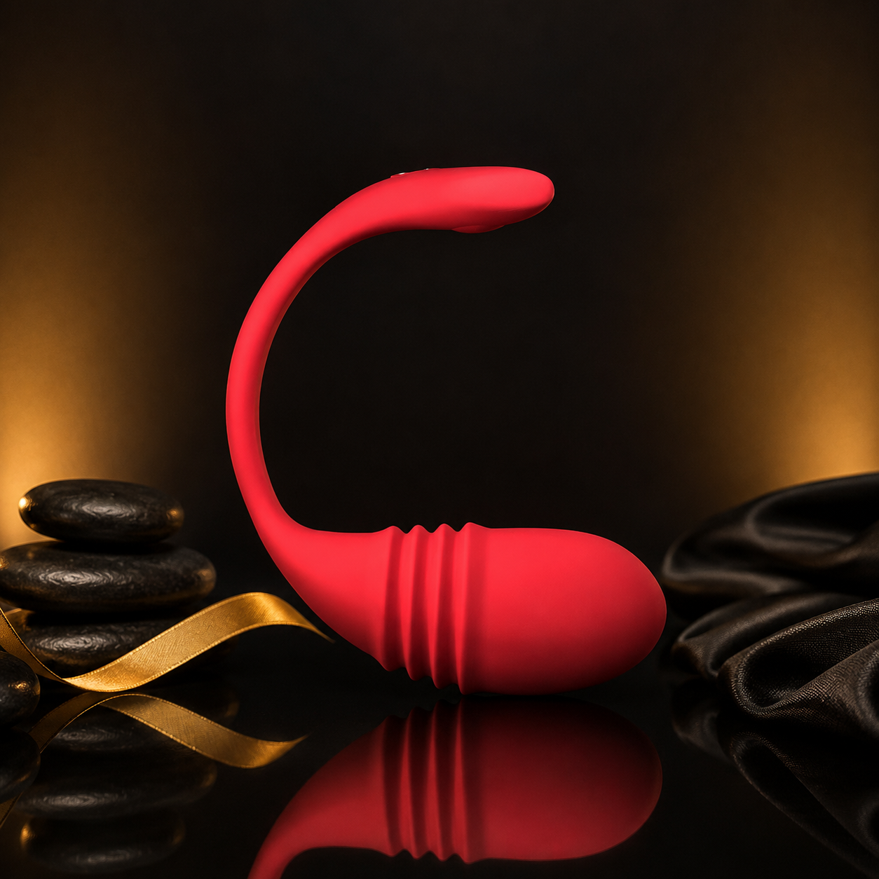 Lovense Vulse Vibro-Ei aus rotem Silikon in hochwertiger Premium-Inszenierung auf schwarzem Hintergrund
