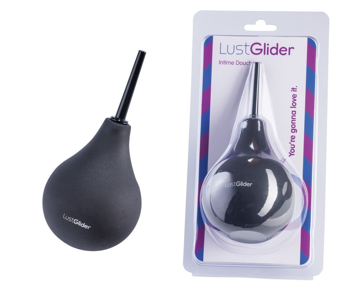 LustGlider Intime Douche schwarze Analdusche mit schlanker Kanüle und Produktverpackung