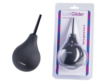 LustGlider Intime Douche schwarze Analdusche mit schlanker Kanüle und Produktverpackung