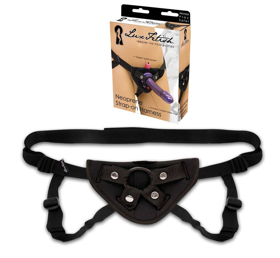 LUX FETISH Neoprene Strap-On Harness in Schwarz mit verstellbaren Riemen und Produktverpackung