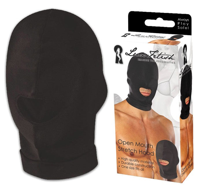 LUX FETISH Open Mouth Stretch Hood in Schwarz mit offener Mundpartie und Produktverpackung