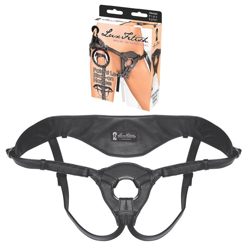 LUX FETISH Patent Leather Harness schwarzes Strap-on-Geschirr in Lackoptik mit verstellbaren Riemen und Produktverpackung