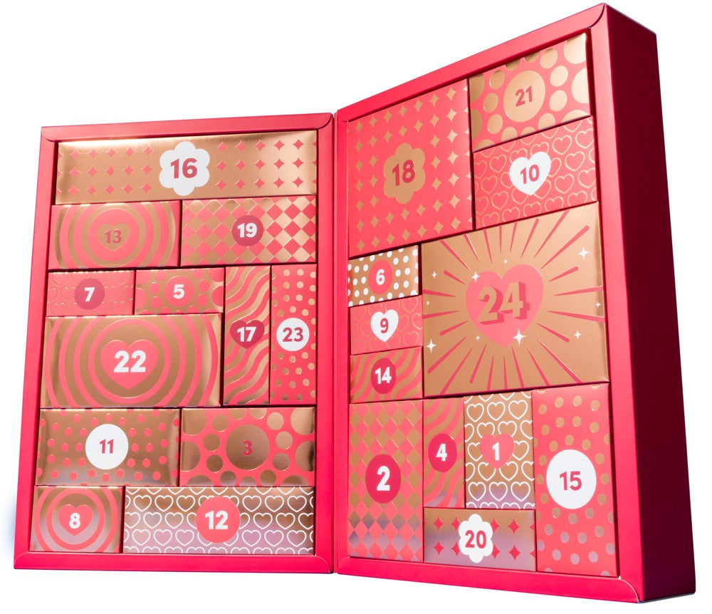 Geöffneter Magic Shiver Couples Erotik-Adventskalender 2026 mit 24 einzeln angeordneten Geschenkboxen